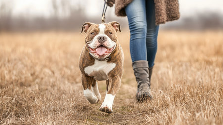 Brindle coat American Bulldog happily trotting beside its owner, ears flapping slightly with each step.の素材