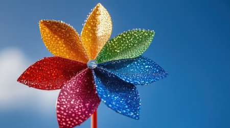 Colorful pinwheel with dew drops from morning mist, shining under a bright skyの素材