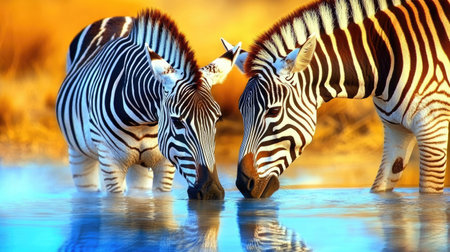 Zebras peacefully quenching thirst at a watering hole surrounded by vast desert brush in Etosha National Park, Namibiaの素材