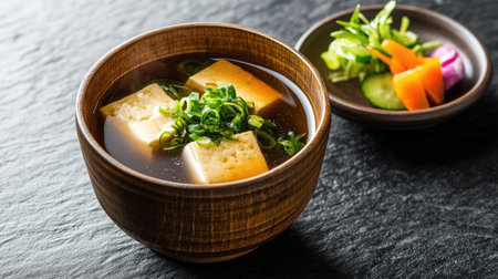 A warm, inviting bowl of miso soup with silken tofu, served in a wooden bowl with a small dish of pickled vegetables on the side.の素材