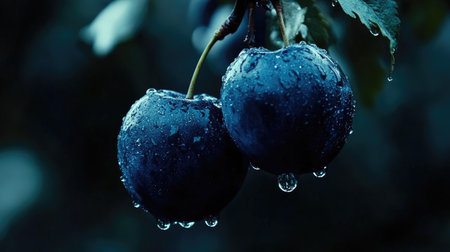 Close-up of water droplets on ripe dark blue plums, dramatic high-contrast lightingの素材