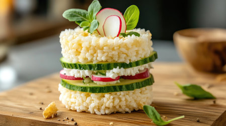 Artistic presentation of a homemade healthy sandwich with soft cheese, fresh raw spring cucumber and radish on puffed rice bread, set on a wooden board in a diet concept styleの素材