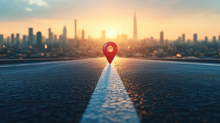 Close-up of a red map pin placed on a sleek modern road stretching toward a futuristic city skyline, soft sunlight casting shadows, D illustrationの素材