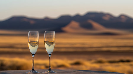 Table for two in the desert luxury breakfast with champagne set in the dunes of Namibia, Sossusvlei sunrise glowの素材