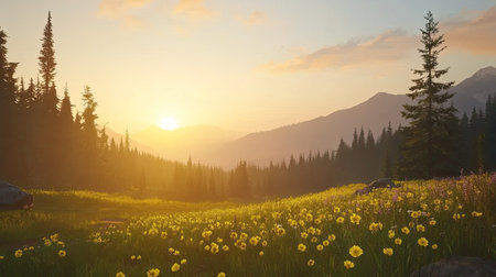 Stunning view of sunset in the Carpathian Mountains, glowing arnica meadows stretching endlessly beneath the golden skyの素材
