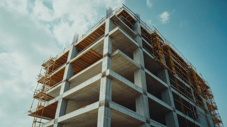 Structural form of a modern G building under construction, raw surfaces and open balconies visibleの素材