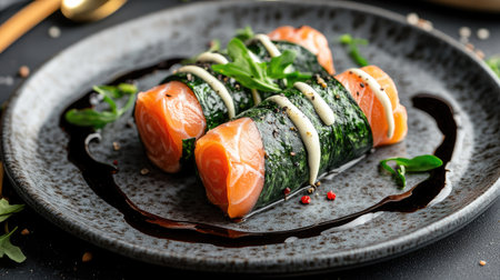 A gourmet appetizer of spinach pancakes rolled with smoked salmon and Philadelphia cheese, finished with balsamic drizzle and fresh greens.の素材