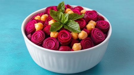 Vegan chickpea beetroot salad arranged in white bowl with beetroot rose decorations, high-fiber and protein-rich mealの素材