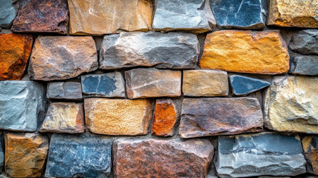 Vivid and textured multicolored stone wall with unique patterns, rough rock surface for decorative wallpaperの素材