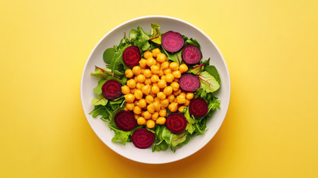 Colorful vegan meal in a white salad bowl with chickpeas, beets and artistic beetroot rose flowers, flat layの素材