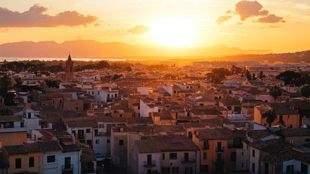 Sunset view from the cathedral in Palma, casting a golden glow over the city's rooftops and tranquil sea.の素材