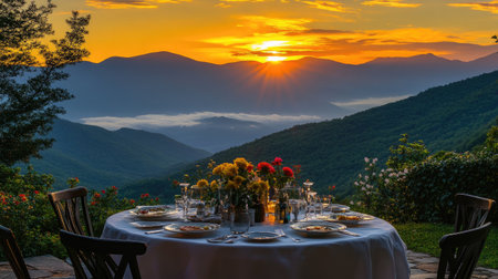 Morning table set for breakfast with fresh flowers, full menu, and distant peaks glowing in sunrise lightの素材