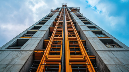 Under-construction residential tower with concrete floor slabs and open lift shaft, modern build in progressの素材