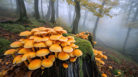 Mysterious woodland scene featuring honey mushrooms thriving on a decaying stump, with soft fog in the background.の素材