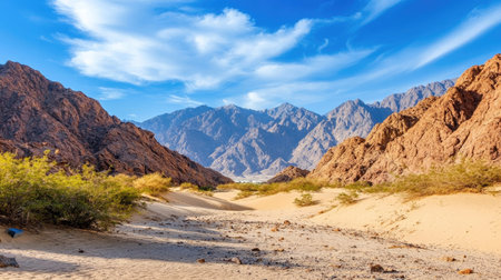 Orange sand dunes merge into sharp rocky terrain beneath an expansive blue sky, showcasing Dubai's desert wildernessの素材