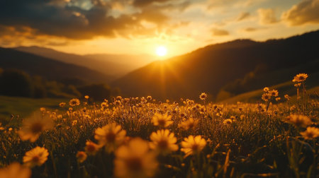 The sun sets behind Carpathian mountain ranges, casting golden light over a valley filled with blooming arnica flowers, magical landscapeの素材