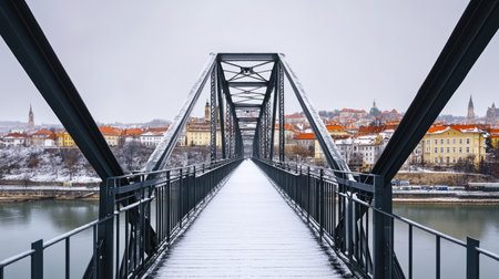 Wintertime view of the Old Sava Bridge, with light snow dusting the steel structure and quiet scenery all aroundの素材