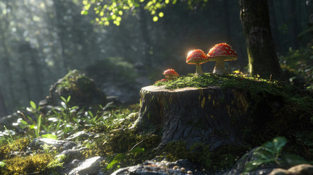Moody forest shot of honey mushrooms growing on a moss-covered tree stump, bathed in cool, diffused light.の素材