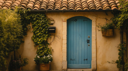 Quaint blue door in a southern French village surrounded by clay roof tiles and sunbaked texturesの素材