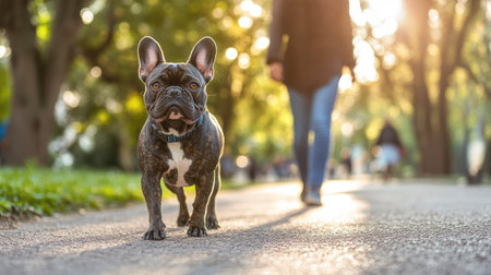 Well-groomed French bulldog proudly leading his owner along a scenic walking path in a bustling city park.の素材