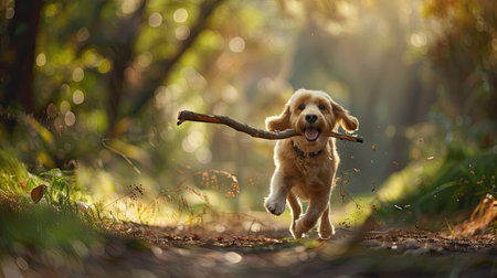 A dog playing fetch with a stick in a forestの素材