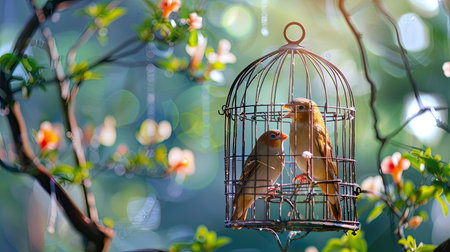 A birdcage with a pair of lovebirds chirping happily insideの素材