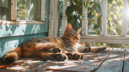 A cat lounging on a sunny porchの素材