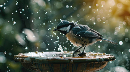 A bird sitting on a birdbath with water splashingの素材