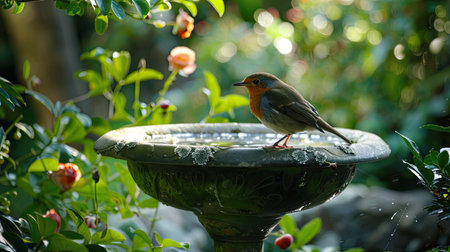 A bird sitting on a birdbath in a gardenの素材