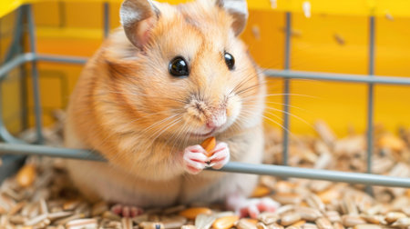 A hamster nibbling on a sunflower seed in its cageの素材