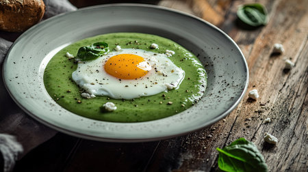 A healthy and nutritious spinach soup with soft goat cheese and a runny egg, plated on a fine dining table.の素材