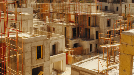 Close-up of concrete block villa in building phase, showing partially completed wall sections and scaffolding nearbyの素材
