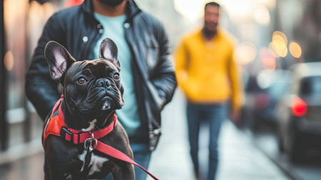Stylish man walking his French bulldog on a vibrant city street, heading toward a pet-friendly urban park.の素材