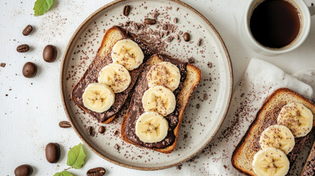 Chocolate-covered toast with banana slices, served with coffee on a light background for a perfect morning vibe.の素材