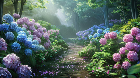 Pastel hydrangeas in a charming garden path, adding a whimsical touch to the sceneryの素材