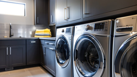 Stylish and functional laundry room with sleek appliances, ample storage, and a modern design, making laundry chores a breezeの素材