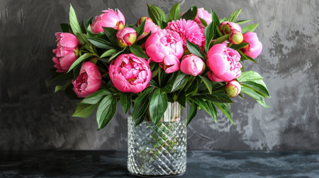 Sleek glass vase with a geometric pattern, showcasing a vibrant bouquet of pink peonies and green foliageの素材