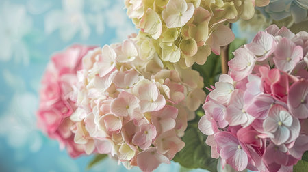 Soft pastel hydrangea blooms in a vintage-style floral arrangement, ideal for a romantic settingの素材