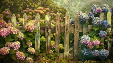 Pastel hydrangeas in a quaint garden with a rustic wooden fence, adding a touch of country charmの素材