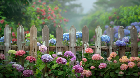 Pastel hydrangeas in a quaint garden with a rustic wooden fence, adding a touch of country charmの素材