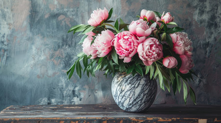 Trendy marble vase with a textured surface, holding a refined bouquet of pink peonies and lush greeneryの素材