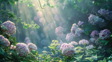 Soft pastel hydrangea flowers in a picturesque garden setting, with light filtering through the leavesの素材