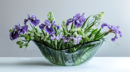 Sculptural glass vase with an artistic design, filled with an elegant arrangement of purple irises and soft greeneryの素材