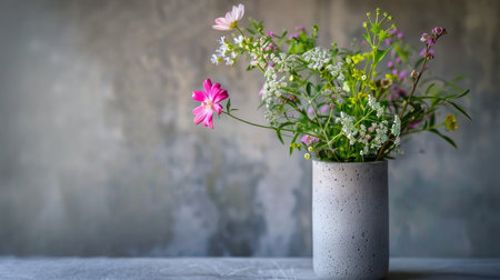 Stylish concrete vase with a modern design, filled with a fresh mix of wildflowers and green foliageの素材