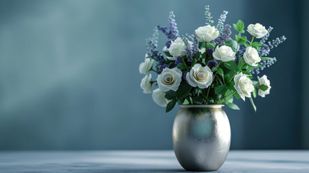 Stylish metal vase with a brushed finish, holding a sophisticated bouquet of lavender and soft white rosesの素材