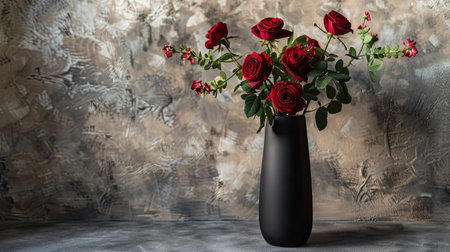 Sleek, matte black vase with a minimalist shape, holding a striking bouquet of deep red roses and greeneryの素材