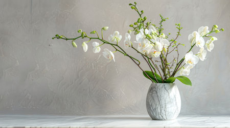Trendy marble vase with a minimalist design, filled with a fresh mix of white orchids and delicate greeneryの素材