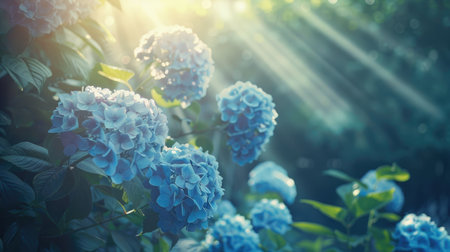 Soft focus on a bush of blue hydrangeas with sun rays filtering through, creating a dreamy and serene garden atmosphereの素材