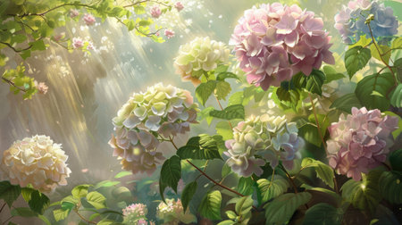 Soft pastel hydrangea flowers in a picturesque garden setting, with light filtering through the leavesの素材