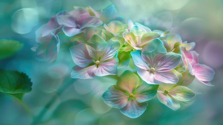 Pastel-colored hydrangea blooms with a blurred green background, emphasizing their vibrant huesの素材